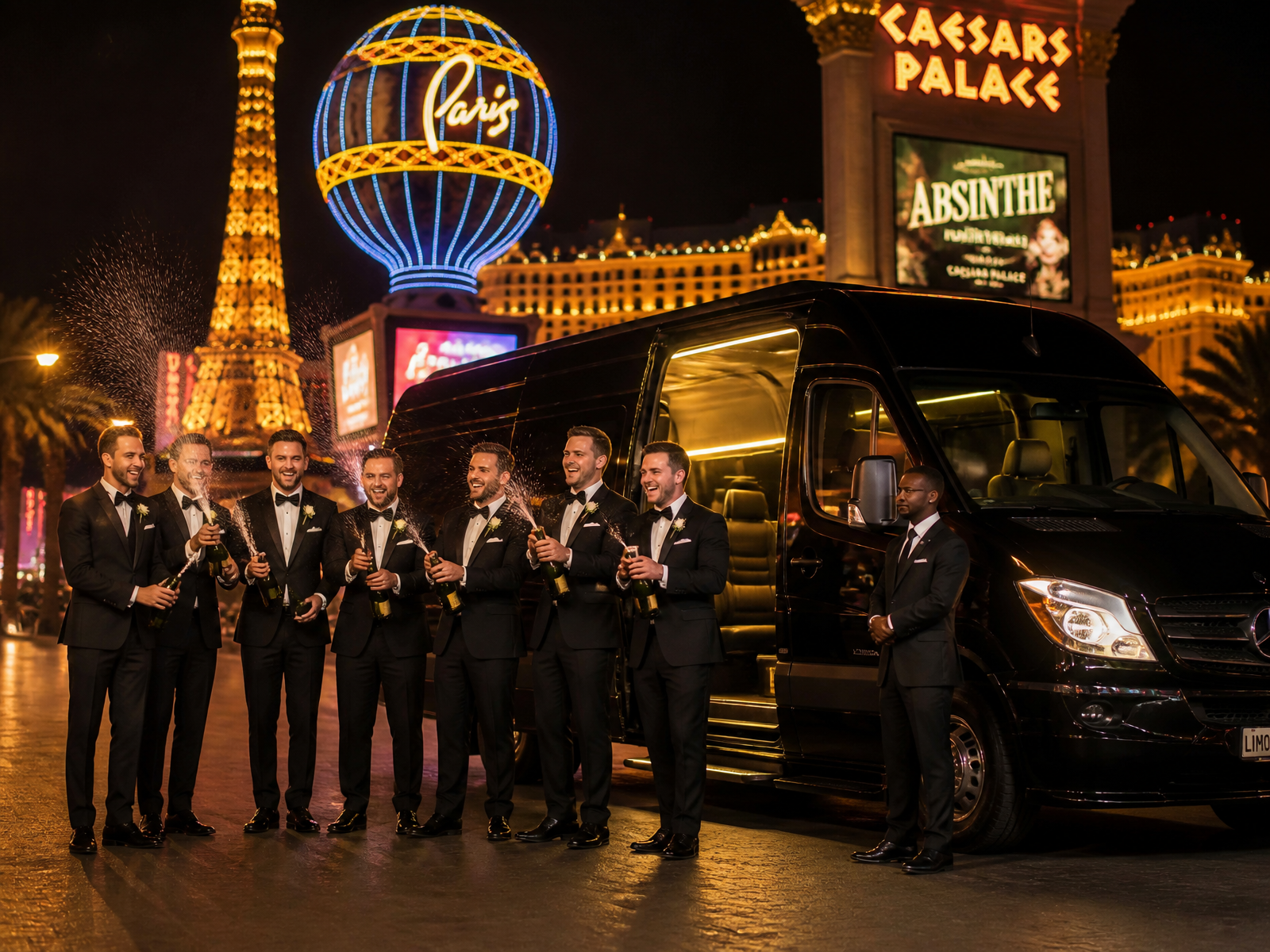 Groom and groomsmen in tuxedos popping champagne beside a black Mercedes-Benz Sprinter on the Las Vegas Strip.