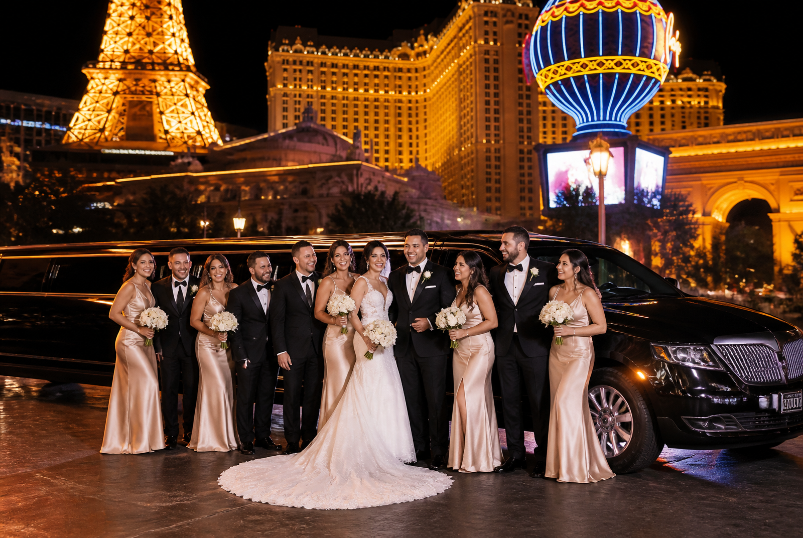 Bridal party posing with a black Lincoln MKT stretch limousine on the Las Vegas Strip at night