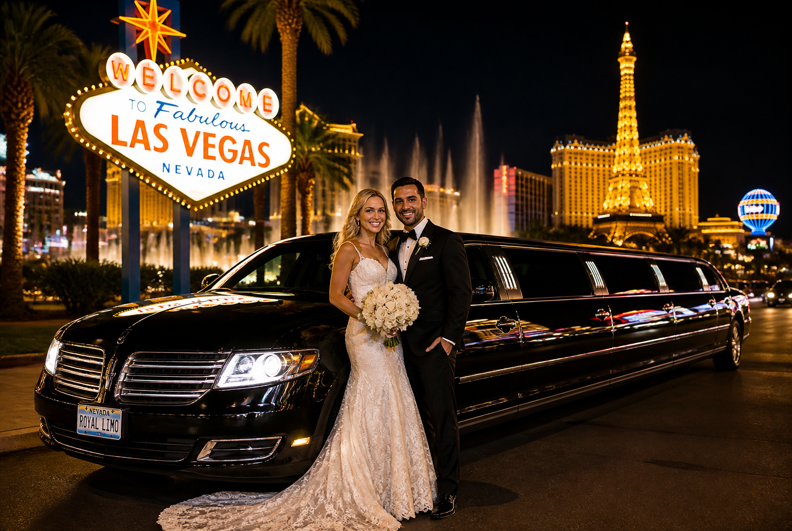 Bride and groom with a black Lincoln MKT stretch limousine in front of the Welcome to Fabulous Las Vegas sign at night