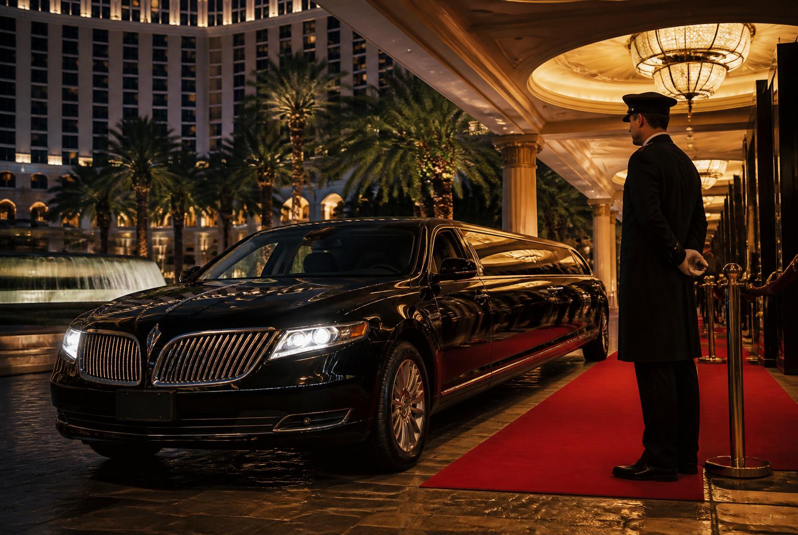 Black Lincoln MKT limousine arriving at a Las Vegas hotel entrance