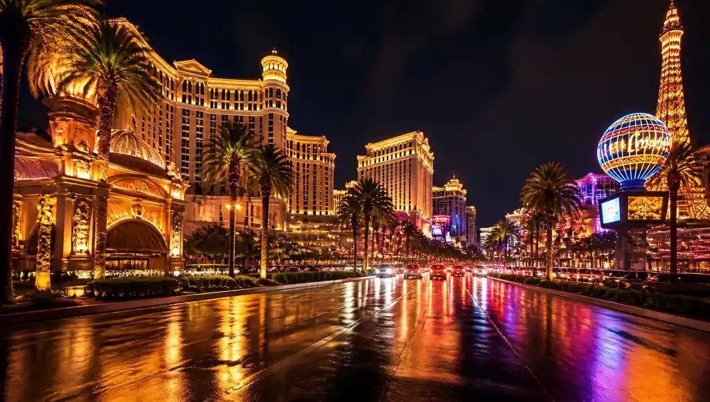 The Las Vegas Strip at night, casino resorts glowing with neon and gold light